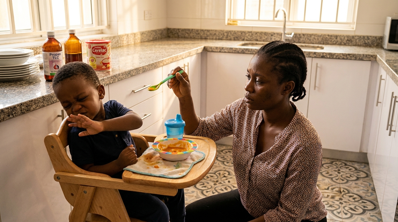 Mother kneeling beside high chair with toddler refusing food
